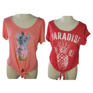 2 pcs PINEAPPLE GRAPHICS CROPPED FRONT KNOT SHIRTS pinkish and reddish